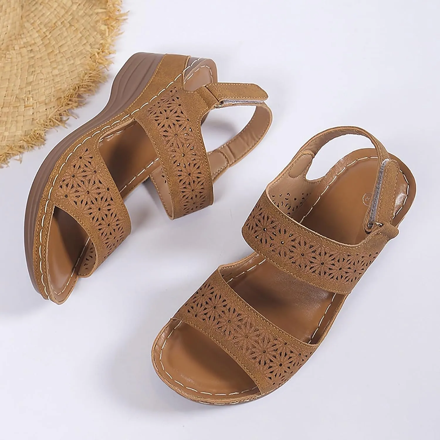 ZSpzx Women'S Orthopedic Sandals Dressy Summer With Arch Support Open Toe Slip On Block Womens Chunky Mid Heels Ankle Strap Sandal Hollow Out Slippers Casual Comfortable Adjustable Walking Shoes