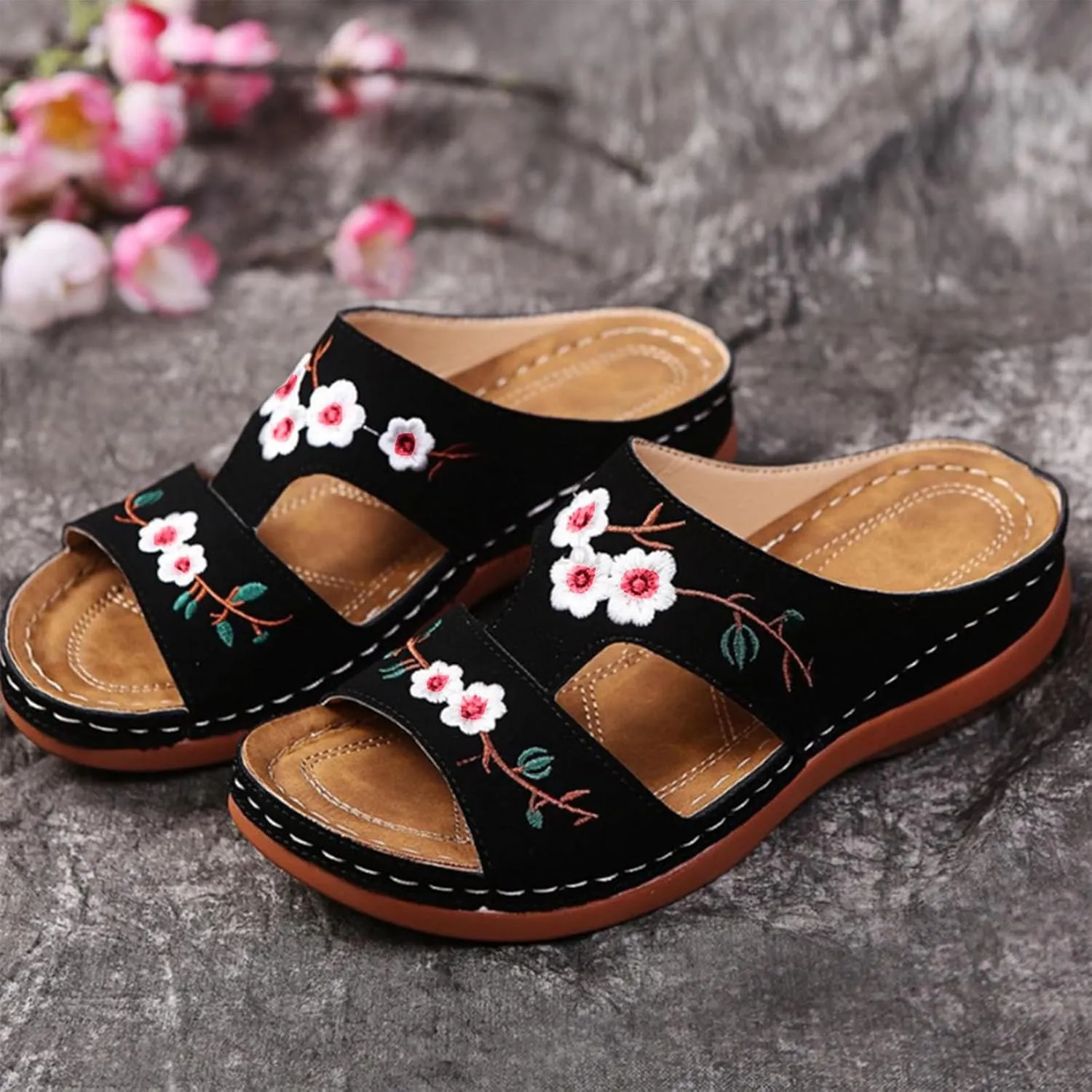 ZSpzx Women's Slide Sandals,Orthopedic Sandals for Women 2025 Slippers Embroidery Flower Comfortable Outdoor Walking Shoes Casual Boho Slip on Memory Foam Beach Plantar Fasciitis Sandals