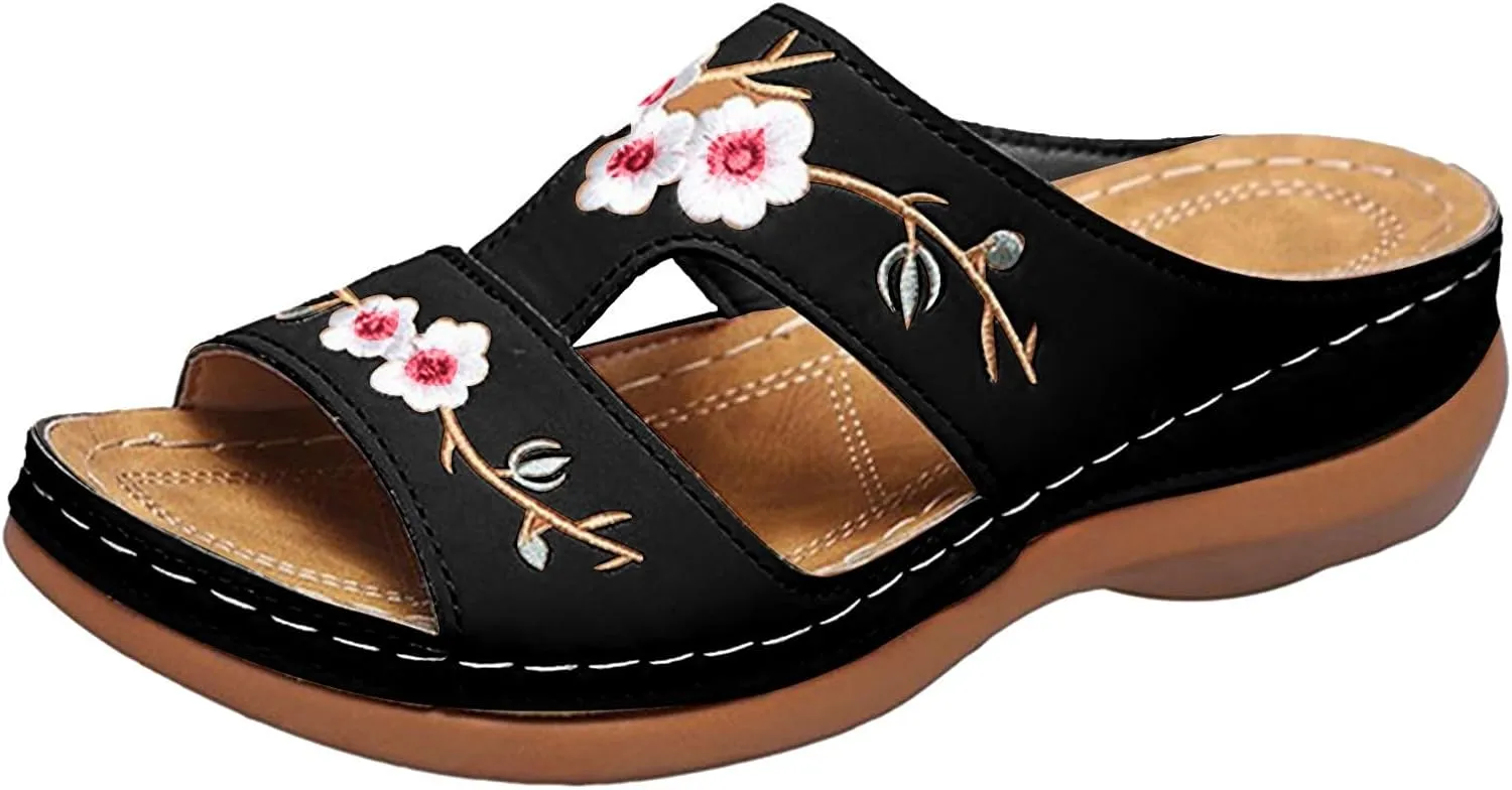ZSpzx Women's Slide Sandals,Orthopedic Sandals for Women 2025 Slippers Embroidery Flower Comfortable Outdoor Walking Shoes Casual Boho Slip on Memory Foam Beach Plantar Fasciitis Sandals