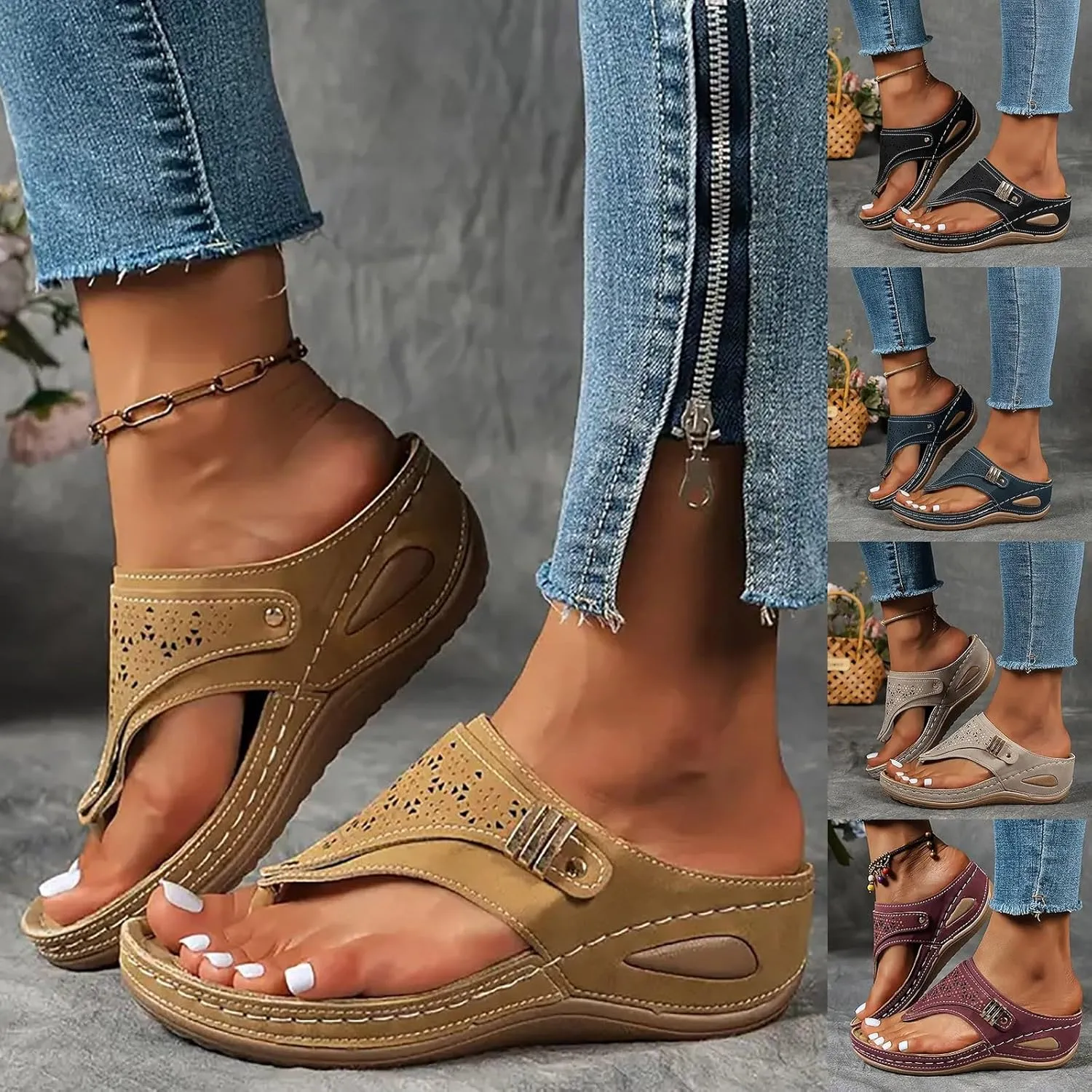 ZSpzx Women's Slide Sandals,Orthopedic Wedge Sandals for Women Dressy Summer 2025 Foot Arch Support Flip Flops Casual Slip on Sandals Beach Plantar Fasciitis Sandals Comfortable Outdoor Walking Shoes